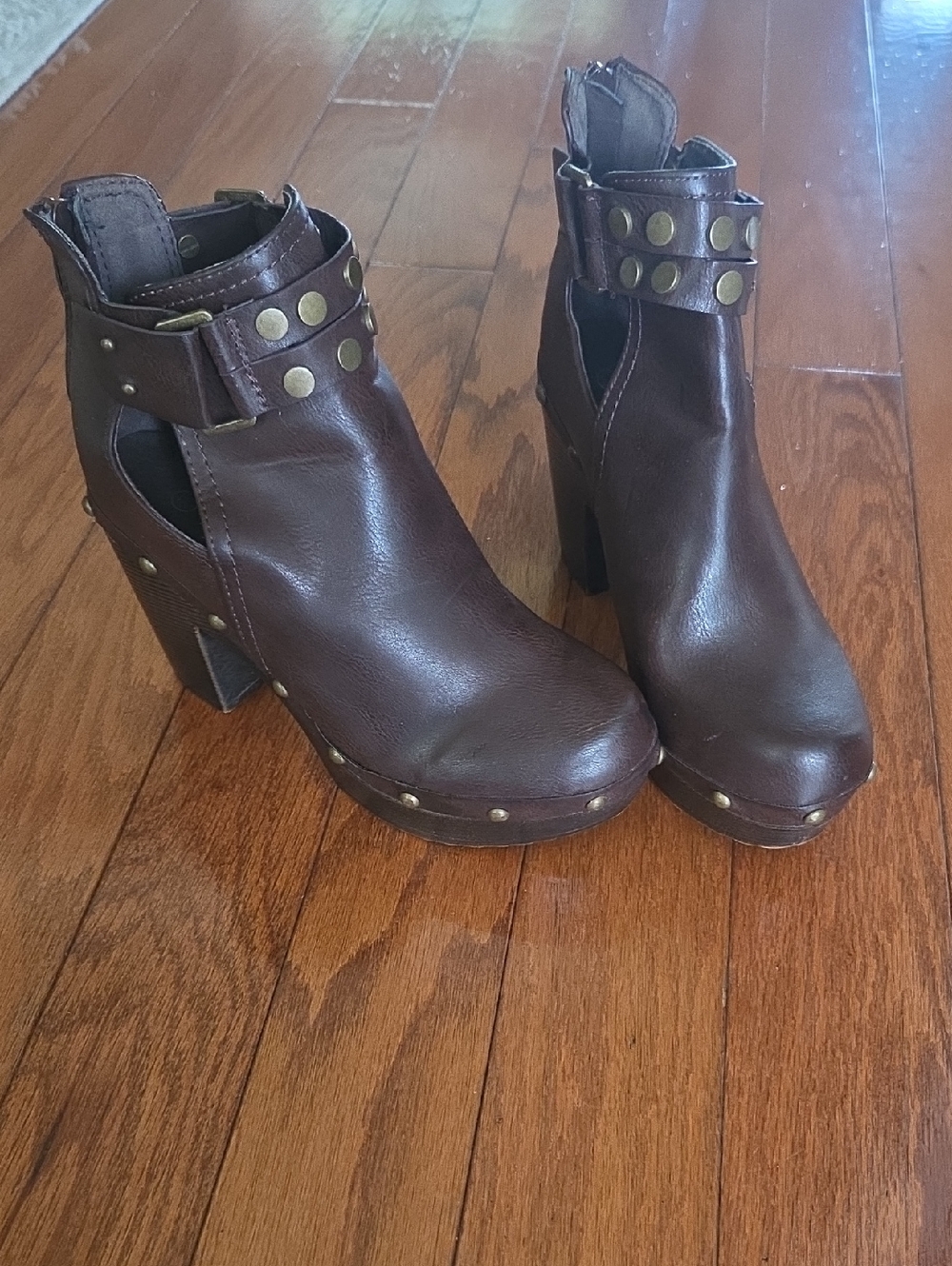 Brown Studded Cutout High-Heel Ankle Boots